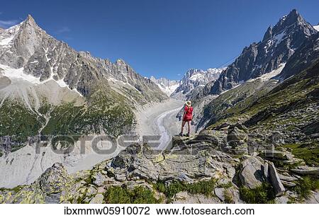 Climber standing on rocks, Grand Balcon Nord, glacier tongue Mer de Glace, behind Grandes Jorasses, Mont Blanc massif, Chamonix, France, Europe View Large Photo Image Stock Image - Climber standing on rocks, Grand Balcon Nord, glacier tongue Mer de Glace, behind Grandes Jorasses, Mont Blanc massif, Chamonix, France, Europe. Fotosearch