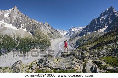 Climber standing on rocks, Grand Balcon Nord, glacier tongue Mer de Glace, behind Grandes Jorasses, Mont Blanc massif, Chamonix, France, Europe View Large Photo Image Stock Photograph - Climber standing on rocks, Grand Balcon Nord, glacier tongue Mer de Glace, behind Grandes Jorasses, Mont Blanc massif, Chamonix, France, Europe. Fotosearch