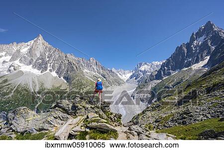 Climber standing on rocks, Grand Balcon Nord, glacier tongue Mer de Glace, behind Grandes Jorasses, Mont Blanc massif, Chamonix, France, Europe View Large Photo Image Stock Photography - Climber standing on rocks, Grand Balcon Nord, glacier tongue Mer de Glace, behind Grandes Jorasses, Mont Blanc massif, Chamonix, France, Europe. Fotosearch