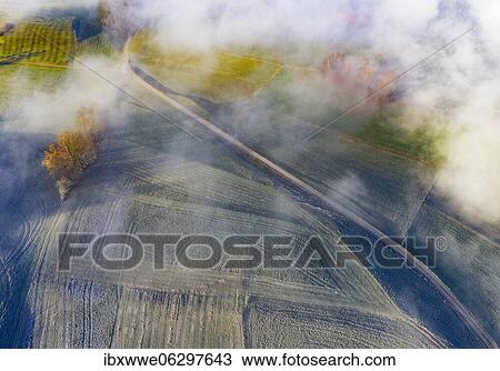 Stock Image - Country road through agricultural landscape covered with hoarfrost in morning fog, from above, drone shot, aerial view, Mondseeland, Salzkammergut, Upper Austria, Austria, Europe. Fotosearch