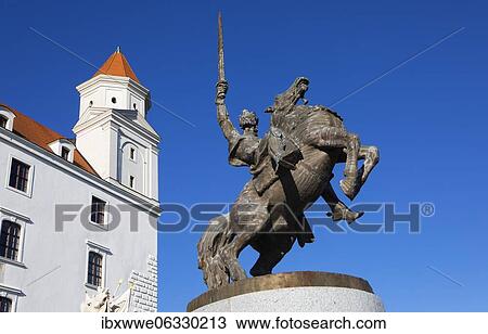 Stock Image - Equestrian statue of king Svatopluk, Bratislava Castle, Bratislava, Slovakia, Europe. Fotosearch