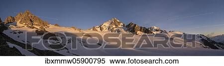Stock Photography - Evening mood, mountain panorama, Glacier du Tour, glaciers and mountain peaks, high alpine landscape, left Tête Blanche, Petite and Grande Fourche, right Alguille de Chardonnet, Chamonix, Haute-Savoie, France, Europe. Fotosearch