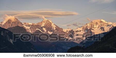 Evening mood, view of mountain peaks, Eiger, Mönch, Jungfrau and Jungfraujoch, Jungfraufirn glacier, Jungfrau region, Grindelwald, Bern, Switzerland, Europe View Large Photo Image Stock Photo - Evening mood, view of mountain peaks, Eiger, Mönch, Jungfrau and Jungfraujoch, Jungfraufirn glacier, Jungfrau region, Grindelwald, Bern, Switzerland, Europe. Fotosearch