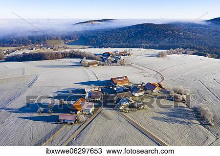 Farms in the middle of meadows covered with hoar frost, agricultural landscape, From above, aerial view, drone photo, Mondsee, Mondseeland, Salzkammergut, Upper Austria, Austria, Europe View Large Photo Image Stock Image - Farms in the middle of meadows covered with hoar frost, agricultural landscape, From above, aerial view, drone photo, Mondsee, Mondseeland, Salzkammergut, Upper Austria, Austria, Europe. Fotosearch