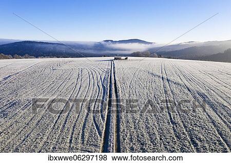 Stock Photo - Field path and lanes on field covered with hoarfrost, structure, drone shot, aerial view, Mondseeland, Salzkammergut, Upper Austria, Austria, Europe. Fotosearch