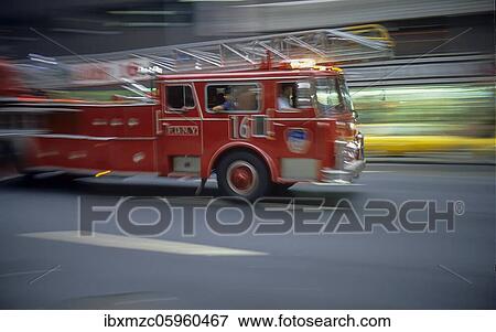 Stock Photo - Fire department in action, movement, wipe effect, New York City, USA, North America. Fotosearch