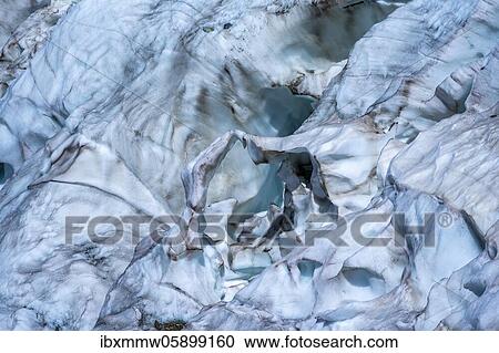 Stock Image - Furrowed glacier ice, glacier tongue, detail, Glacier des Bossons, La Jonction, Chamonix, Haute-Savoie, France, Europe. Fotosearch