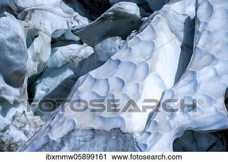 Stock Image - Furrowed glacier ice, glacier tongue, detail, Glacier des Bossons, La Jonction, Chamonix, Haute-Savoie, France, Europe. Fotosearch
