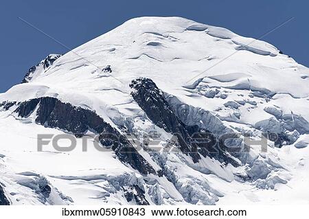 Stock Image - Glacier des Bossons, summit of Mont Blanc with glacier, Mont Blanc massif, Chamonix-Mont-Blanc, Haute-Savoie, France, Europe. Fotosearch