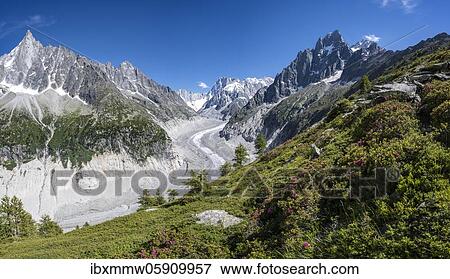 Glacier tongue Mer de Glace, rear Grandes Jorasses, Mont Blanc massif, Chamonix, France, Europe View Large Photo Image Stock Photo - Glacier tongue Mer de Glace, rear Grandes Jorasses, Mont Blanc massif, Chamonix, France, Europe. Fotosearch