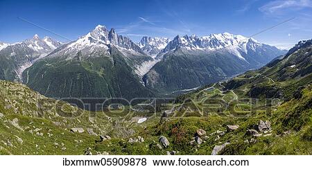 Stock Photo - Grand Balcon Nord, Aiguille Verte, Grandes Jorasses, Aiguille du Midi and Mont Blanc, Mont Blanc Massif, Chamonix-Mont-Blanc, Haute-Savoie, France, Europe. Fotosearch