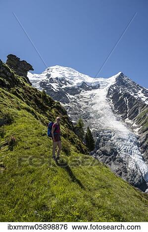 Hiker in front of glacier, hiking trail La Jonction, glacier Glacier de Taconnaz, summit of Mont Blanc and Aiguille de Bionnassay, right Mont Blanc, Chamonix, Haute-Savoie, France, Europe View Large Photo Image Stock Photograph - Hiker in front of glacier, hiking trail La Jonction, glacier Glacier de Taconnaz, summit of Mont Blanc and Aiguille de Bionnassay, right Mont Blanc, Chamonix, Haute-Savoie, France, Europe. Fotosearch