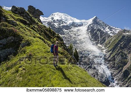 Hiker in front of glacier, hiking trail La Jonction, glacier Glacier de Taconnaz, summit of Mont Blanc and Aiguille de Bionnassay, right Mont Blanc, Chamonix, Haute-Savoie, France, Europe View Large Photo Image Stock Photography - Hiker in front of glacier, hiking trail La Jonction, glacier Glacier de Taconnaz, summit of Mont Blanc and Aiguille de Bionnassay, right Mont Blanc, Chamonix, Haute-Savoie, France, Europe. Fotosearch