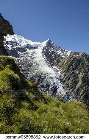 Stock Image - Hiker in front of mountains, hiking trail La Jonction, glacier Glacier de Taconnaz, summit of Mont Blanc and Aiguille de Bionnassay, right Mont Blanc, Chamonix, Haute-Savoie, France, Europe. Fotosearch