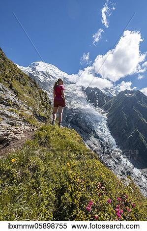 Hiker looking at mountain landscape, view of glacier Glacier de Taconnaz, hiking La Jonction, Chamonix, Haute-Savoie, France, Europe View Large Photo Image Stock Photography - Hiker looking at mountain landscape, view of glacier Glacier de Taconnaz, hiking La Jonction, Chamonix, Haute-Savoie, France, Europe. Fotosearch