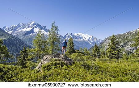 Stock Photo - Hiker Looking at mountain panorama from Aiguillette des Posettes, peaks Aiguille Verte, Aiguille du Midi and Mont Blanc, Chamonix, Haute-Savoie, France, Europe. Fotosearch