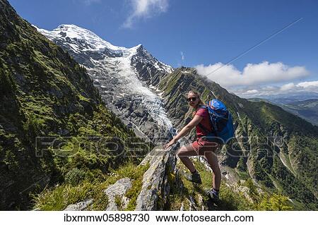 Hiker looking into the camera, mountain landscape, behind glacier Glacier de Taconnaz, hiking La Jonction, Chamonix, Haute-Savoie, France, Europe View Large Photo Image Stock Image - Hiker looking into the camera, mountain landscape, behind glacier Glacier de Taconnaz, hiking La Jonction, Chamonix, Haute-Savoie, France, Europe. Fotosearch