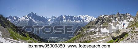 Stock Image - Hiker looks out over Grand Balcon North, Grandes Jorasses and Mont Blanc Massif, Chamonix-Mont-Blanc, Haute-Savoie, France, Europe. Fotosearch
