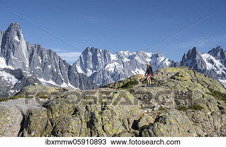 Hiker on a hiking trail, Grand Balcon Sud, mountain peaks, Grandes Jorasse, Mont Blanc massif, Chamonix-Mont-Blanc, Haute-Savoie, France, Europe View Large Photo Image Stock Image - Hiker on a hiking trail, Grand Balcon Sud, mountain peaks, Grandes Jorasse, Mont Blanc massif, Chamonix-Mont-Blanc, Haute-Savoie, France, Europe. Fotosearch