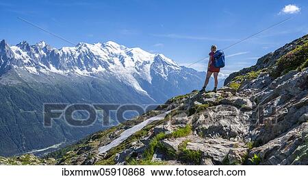 Hiker on a hiking trail, Grand Balcon Sud, Mont Blanc, Grandes Jorasses, Mont Blanc massif, Chamonix-Mont-Blanc, Haute-Savoie, France, Europe View Large Photo Image Stock Photo - Hiker on a hiking trail, Grand Balcon Sud, Mont Blanc, Grandes Jorasses, Mont Blanc massif, Chamonix-Mont-Blanc, Haute-Savoie, France, Europe. Fotosearch