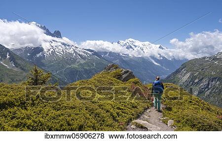 Hiker on a hiking trail to the Aiguilette des Posettes, summit of the Aiguille du Midi and Mont Blanc, Chamonix, Haute-Savoie, France, Europe View Large Photo Image Stock Photo - Hiker on a hiking trail to the Aiguilette des Posettes, summit of the Aiguille du Midi and Mont Blanc, Chamonix, Haute-Savoie, France, Europe. Fotosearch