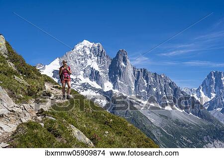 Picture - Hiker on foot, Grand Balcon Sud, Aiguille Verte summit, Grandes Jorasses, Mont Blanc massif, Chamonix-Mont-Blanc, Haute-Savoie, France, Europe. Fotosearch