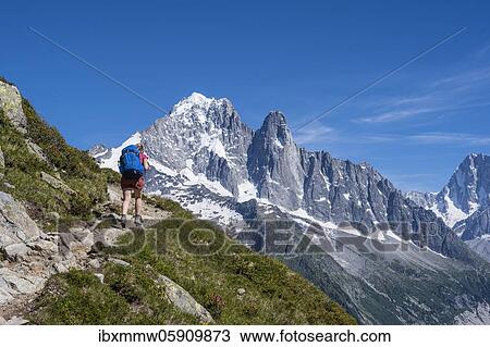 Stock Image - Hiker on foot, Grand Balcon Sud, Aiguille Verte summit, Grandes Jorasses, Mont Blanc massif, Chamonix-Mont-Blanc, Haute-Savoie, France, Europe. Fotosearch