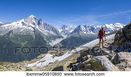 Hiker on hiking trail, Grand Balcon Sud, glacier, Mer de Glace, Aiguille Verte and Mont Blanc summits, Grandes Jorasses, Mont Blanc massif, Chamonix-Mont-Blanc, Haute-Savoie, France, Europe View Large Photo Image Stock Image - Hiker on hiking trail, Grand Balcon Sud, glacier, Mer de Glace, Aiguille Verte and Mont Blanc summits, Grandes Jorasses, Mont Blanc massif, Chamonix-Mont-Blanc, Haute-Savoie, France, Europe. Fotosearch