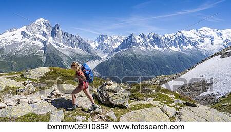 Hiker on hiking trail, Grand Balcon Sud, glacier, Mer de Glace, Aiguille Verte and Mont Blanc summits, Grandes Jorasses, Mont Blanc massif, Chamonix-Mont-Blanc, Haute-Savoie, France, Europe View Large Photo Image Stock Image - Hiker on hiking trail, Grand Balcon Sud, glacier, Mer de Glace, Aiguille Verte and Mont Blanc summits, Grandes Jorasses, Mont Blanc massif, Chamonix-Mont-Blanc, Haute-Savoie, France, Europe. Fotosearch
