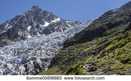 Hiker on hiking trail, hiking trail La Jonction, glacier Glacier de Bossons, summit of Aiguille du Midi, Chamonix, Haute-Savoie, France, Europe View Large Photo Image Stock Image - Hiker on hiking trail, hiking trail La Jonction, glacier Glacier de Bossons, summit of Aiguille du Midi, Chamonix, Haute-Savoie, France, Europe. Fotosearch