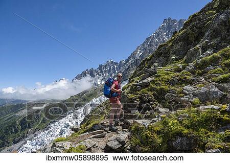 Hiker on hiking trail, hiking trail La Jonction, glacier Glacier de Bossons, summit of Aiguille du Midi, Chamonix, Haute-Savoie, France, Europe View Large Photo Image Stock Photography - Hiker on hiking trail, hiking trail La Jonction, glacier Glacier de Bossons, summit of Aiguille du Midi, Chamonix, Haute-Savoie, France, Europe. Fotosearch