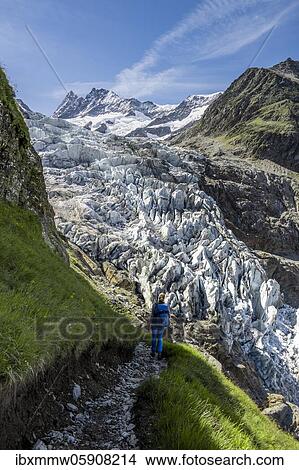 Hiker on the hiking trail to the Schreckhornhütte, mountain peaks Agassizhorn and Finsteraarhorn, high alpine mountain landscape, Lower Arctic Ocean, glacier tongue, Bernese Oberland, Switzerland, Europe View Large Photo Image Picture - Hiker on the hiking trail to the Schreckhornhütte, mountain peaks Agassizhorn and Finsteraarhorn, high alpine mountain landscape, Lower Arctic Ocean, glacier tongue, Bernese Oberland, Switzerland, Europe. Fotosearch