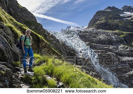 Hiker on the hiking trail to the Schreckhornhütte, high alpine mountain landscape, Lower Arctic Ocean, glacier tongue, Bernese Oberland, Switzerland, Europe View Large Photo Image Stock Image - Hiker on the hiking trail to the Schreckhornhütte, high alpine mountain landscape, Lower Arctic Ocean, glacier tongue, Bernese Oberland, Switzerland, Europe. Fotosearch