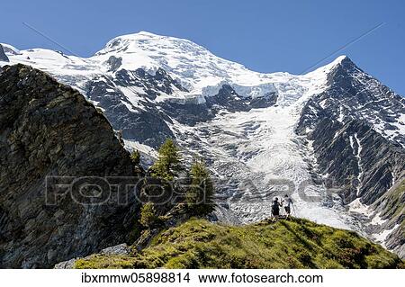 Hiker on the trail La Jonction, glacier Glacier de Taconnaz, summit of Mont Blanc and Aiguille de Bionnassay, right Mont Blanc, Chamonix, Haute-Savoie, France, Europe View Large Photo Image Picture - Hiker on the trail La Jonction, glacier Glacier de Taconnaz, summit of Mont Blanc and Aiguille de Bionnassay, right Mont Blanc, Chamonix, Haute-Savoie, France, Europe. Fotosearch