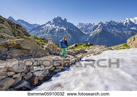 Hiker on trail, Grand Balcon Sud, Aiguille Verte and Aiguille du Midi peaks, Grandes Jorasses, Mont Blanc massif, Chamonix-Mont-Blanc, Haute-Savoie, France, Europe View Large Photo Image Stock Image - Hiker on trail, Grand Balcon Sud, Aiguille Verte and Aiguille du Midi peaks, Grandes Jorasses, Mont Blanc massif, Chamonix-Mont-Blanc, Haute-Savoie, France, Europe. Fotosearch
