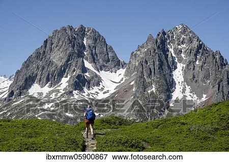 Hiker on trail to Aiguillette des Posettes, behind summit of Aiguille du Bélvèdere and Aoguille de la Floria, Chamonix, Haute-Savoie, France, Europe View Large Photo Image Stock Photo - Hiker on trail to Aiguillette des Posettes, behind summit of Aiguille du Bélvèdere and Aoguille de la Floria, Chamonix, Haute-Savoie, France, Europe. Fotosearch