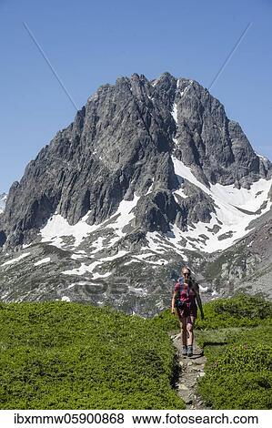 Stock Photo - Hiker on trail to Aiguillette des Posettes, behind summit of Aiguille du Bélvèdere and Aoguille de la Floria, Chamonix, Haute-Savoie, France, Europe. Fotosearch