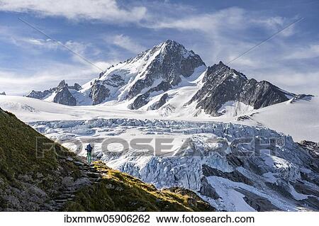 Stock Image - Hiker on trail to Glacier du Tour, glacier and mountain peak, high alpine landscape, Aiguille de Chardonnet, Chamonix, Haute-Savoie, France, Europe. Fotosearch