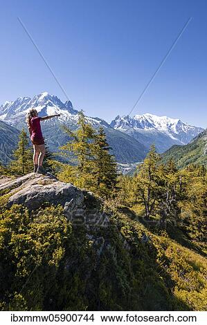Hiker pointing at mountain panorama, view from Aiguillette des Posettes, peaks Aiguille Verte, Aiguille du Midi and Mont Blanc, Chamonix, Haute-Savoie, France, Europe View Large Photo Image Picture - Hiker pointing at mountain panorama, view from Aiguillette des Posettes, peaks Aiguille Verte, Aiguille du Midi and Mont Blanc, Chamonix, Haute-Savoie, France, Europe. Fotosearch