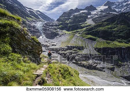 Stock Photograph - Hikers in the mountains on a hiking trail to Grindelwald, glacier Lower Arctic Ocean, Bernese Oberland, Switzerland, Europe. Fotosearch