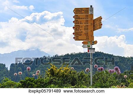 Hiking signpost, Switzerland, Europe View Large Photo Image Stock Photo - Hiking signpost, Switzerland, Europe. Fotosearch