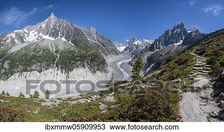 Hiking trail Grand Balcon Nord, glacier tongue Mer de Glace, back Grandes Jorasses, Mont Blanc massif, Chamonix, France, Europe View Large Photo Image Stock Image - Hiking trail Grand Balcon Nord, glacier tongue Mer de Glace, back Grandes Jorasses, Mont Blanc massif, Chamonix, France, Europe. Fotosearch