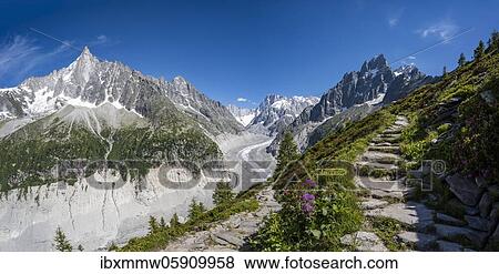 Stock Photo - Hiking trail Grand Balcon Nord, glacier tongue Mer de Glace, back Grandes Jorasses, Mont Blanc massif, Chamonix, France, Europe. Fotosearch