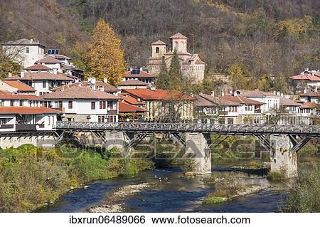 Stock Photograph - Historic Stambolov bridge above the Yantra river, Veliko Tarnovo, Bulgaria, Europe. Fotosearch