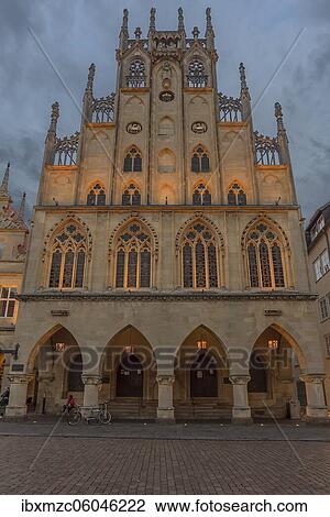 Historical town hall in the evening lighting, 1150-1200, reconstruction 1950-58, Münster, North Rhine-Westphalia, Germany, Europe View Large Photo Image Stock Image - Historical town hall in the evening lighting, 1150-1200, reconstruction 1950-58, Münster, North Rhine-Westphalia, Germany, Europe. Fotosearch