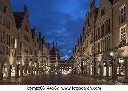 Illuminated historic gabled houses in the evening at blue hour, Prinzipalmarkt, Münster, North Rhine-Westphalia, Germany, Europe View Large Photo Image Stock Photo - Illuminated historic gabled houses in the evening at blue hour, Prinzipalmarkt, Münster, North Rhine-Westphalia, Germany, Europe. Fotosearch
