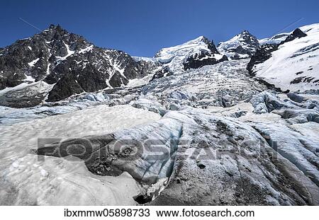 Stock Image - La Jonction, glacier tongue, Glacier des Bossons meets Glacier de Taconnaz, summit of Aiguille du Midi, Mont Maudit Chamonix, Haute-Savoie, France, Europe. Fotosearch