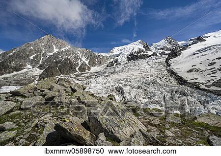 Stock Image - La Jonction, glacier tongue, Glacier des Bossons meets Glacier de Taconnaz, summit of Aiguille du Midi, Mont Maudit, Chamonix, Haute-Savoie, France, Europe. Fotosearch