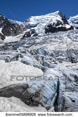 Stock Photo - La Jonction, glacier tongue, Glacier des Bossons meets Glacier de Taconnaz, summit of Mont Maudit and Mont Blanc, Chamonix, Haute-Savoie, France, Europe. Fotosearch
