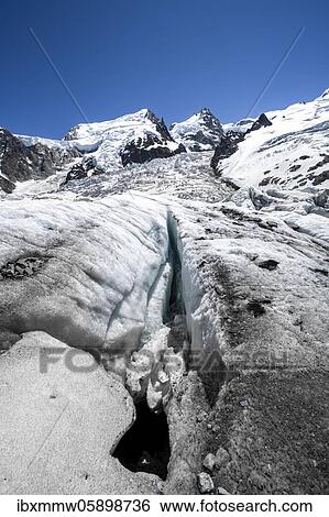 Stock Photograph - La Jonction, glacier tongue, Glacier des Bossons meets Glacier de Taconnaz, summit of Mont Maudit, Mont Blanc, Chamonix, Haute-Savoie, France, Europe. Fotosearch